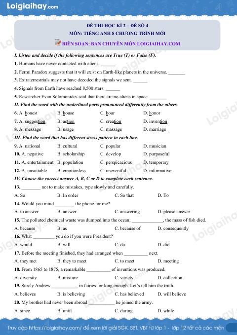 Đề số 4 - Đề kiểm tra học kỳ 2 - Tiếng Anh 8 mới